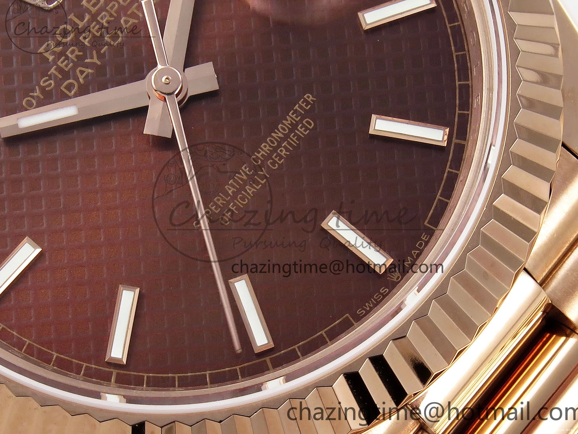 0125 SunProtective Day Date 40 RG JDF 904L Steel Brown Textured Stick Dial on President Bracelet VR3255 V3 (Gain Weight) 1359